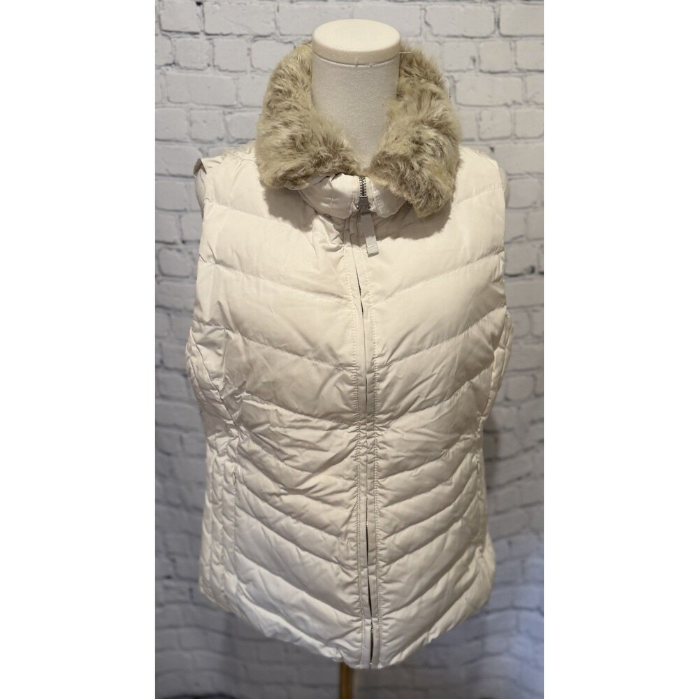 Talbots Puffer Faux Fur Collar Cream Down Filled Vest Size Large Retail $189